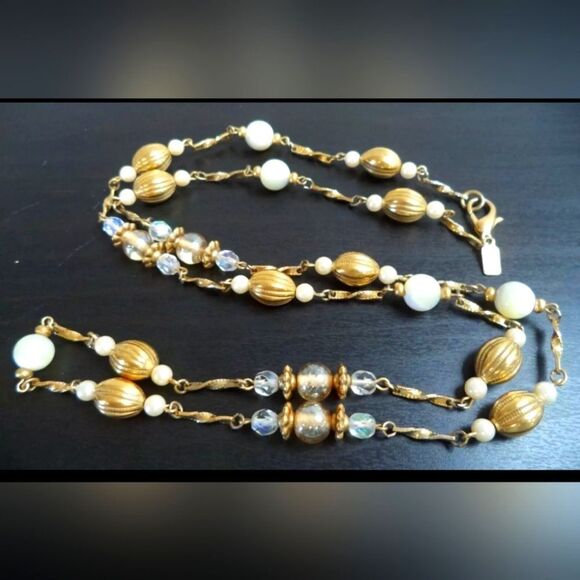VINTAGE SIGNED "1928" AB GLASS & PEARL 35" NECKLACE - Picture 1 of 7